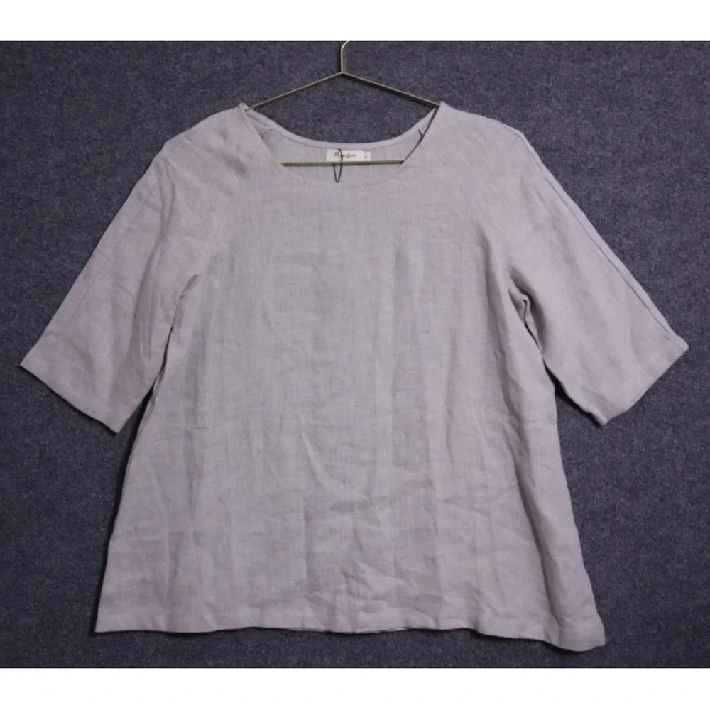 Magic Linen Shirt Women Medium Gray 3/4 Sleeve Round Neck Relaxed NEW NWT BOHO‎